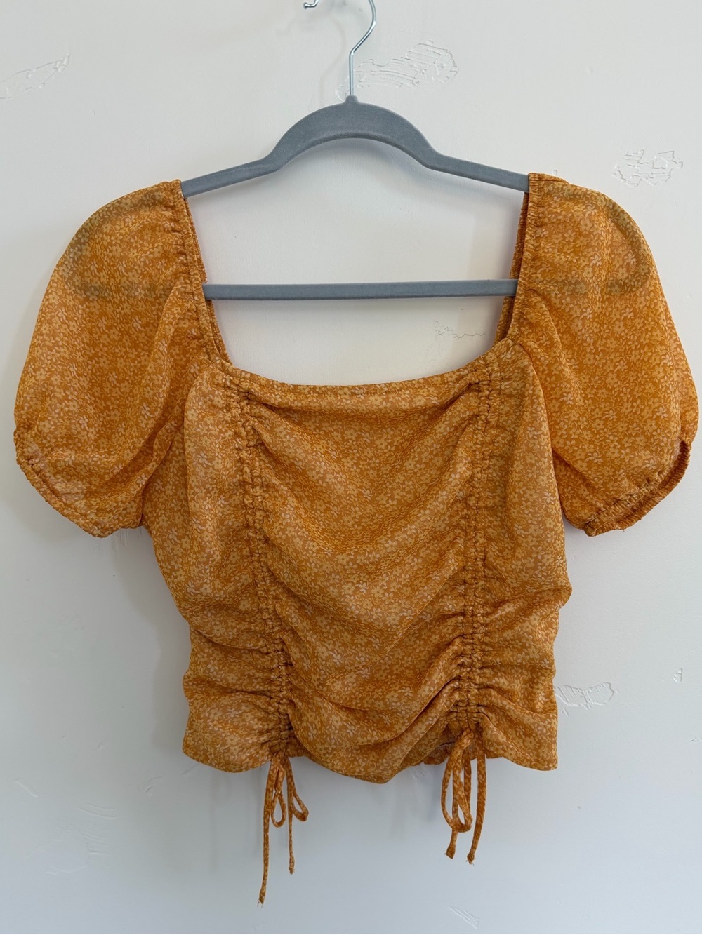 Lush Floral Ruched Square-Neck Puff Sleeve Crop Top Blouse Size Medium